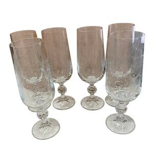 Bohemia Crystal Fluted Heart Shaped Etched Champagne Glass 6 3/4 inch Czech 60’s